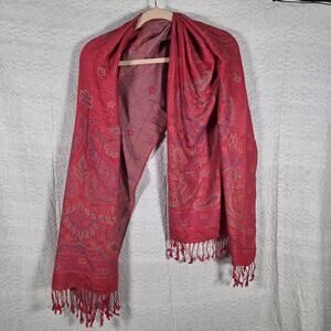 Red Paisley Pashmina Style Scarf Wrap Fringe Boho Floral Shawl Soft Lightweight